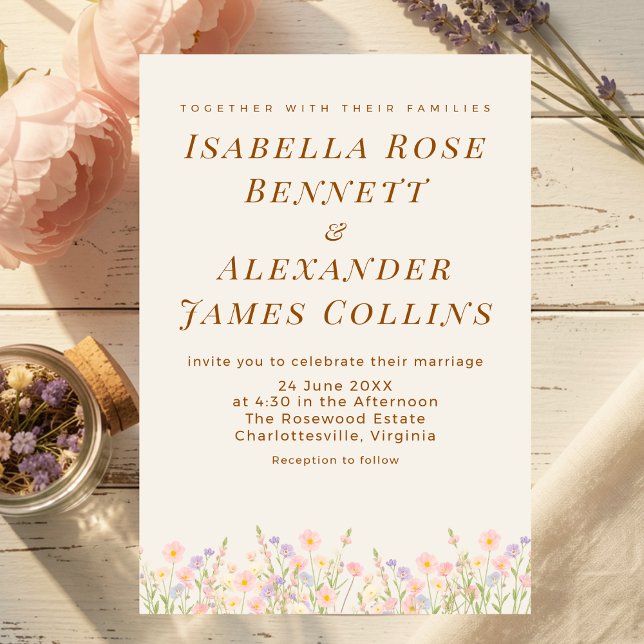 Watercolor Wildflower Meadow Pastel Botanical  Inbjudningar (A sun-kissed meadow of soft pastel wildflowers anchors the bottom of this dreamy invitation.)