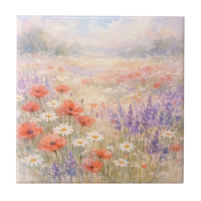 Watercolor Wildflower Meadow Scene Kakelplatta (Framsidan)