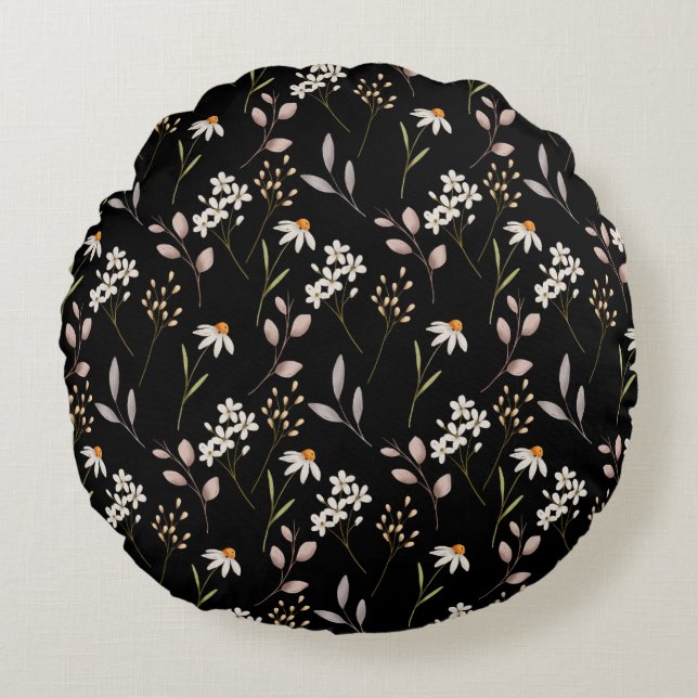 Watercolor WildFlower Mönster Rund Kudde (Framsidan)