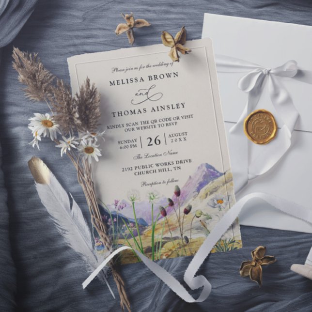 Watercolor Wildflower Mountain QR Code Wedding Inbjudningar (Skapare uppladdad)