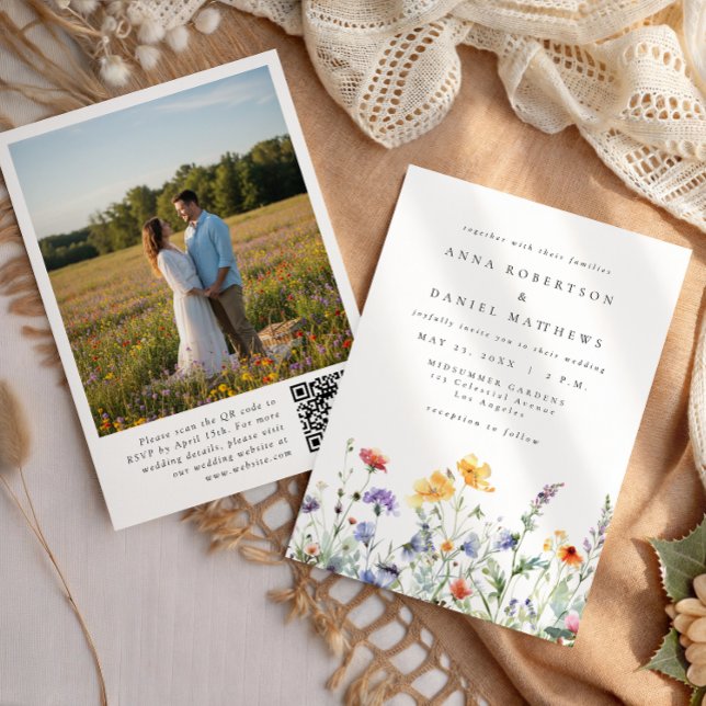 Watercolor Wildflower QR Code Photo Wedding Inbjudningar (Skapare uppladdad)