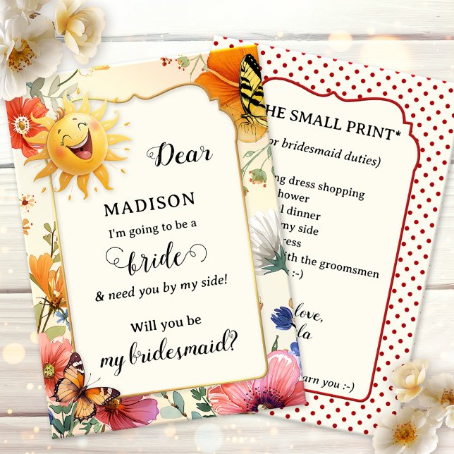 Watercolor Wildflower Will you be my Bridesmaid Anteckningskort (Bridesmaid invitation card featuring a whimsical watercolor wildflower design with laughing sun)