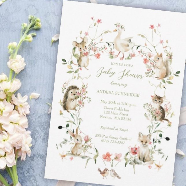 Watercolor Wildflower Woodland Animals Baby Shower Inbjudningar (Skapare uppladdad)
