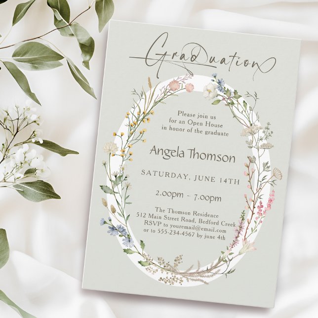 Watercolor Wildflower Wreath photo graduation Inbjudningar (Skapare uppladdad)
