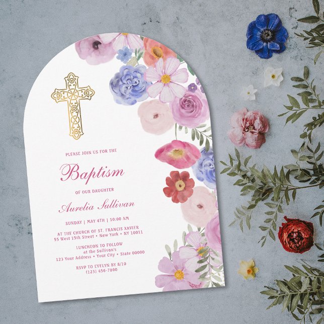 Watercolor Wildflowers Arch Baptism Inbjudningar (Skapare uppladdad)