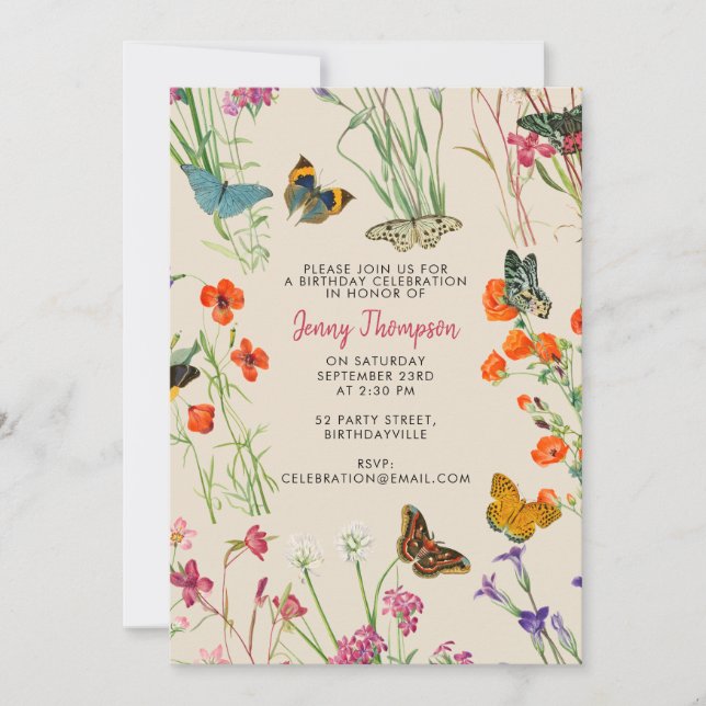 Watercolor Wildflowers Butterflies Birthday Party Inbjudningar (Framsida)