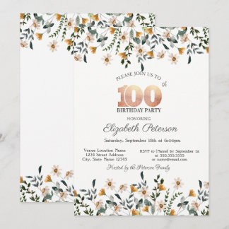 Watercolor Wildflowers Garden Party 100th Birthday Inbjudningar
