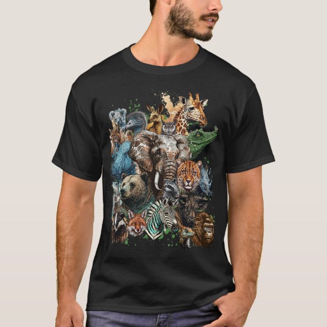 Watercolor Wildlife Collage T Shirt (Framsida)