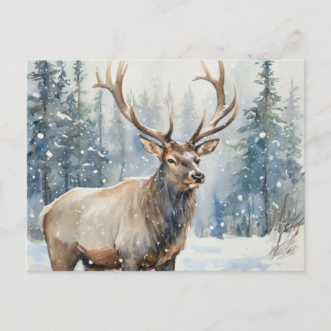 Watercolor Wildlife Elk in Winter  Vykort (Framsida)