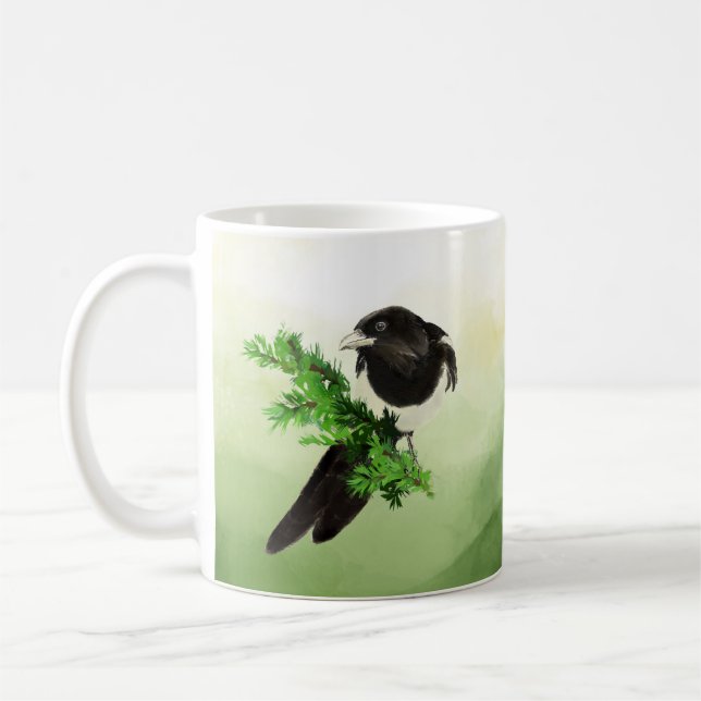 Watercolor Wildlife Magpie Bird Nature art Kaffemugg (Vänster)