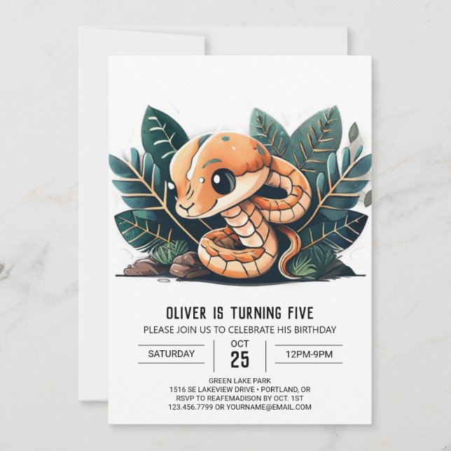 Watercolor Wildlife Snake Birthday Inbjudningar (Framsida)