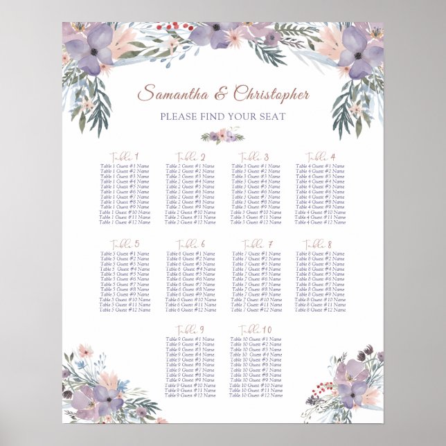 Watercolor Wildrows Seating Chart 10 Bord Poster (Framsidan)
