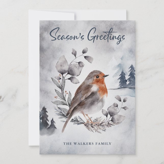 Watercolor Winter American Robin Helgdag Card (Framsida)
