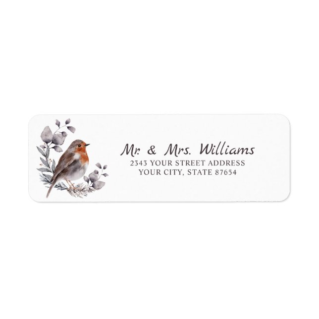 Watercolor Winter American Robin Returadress Etikett (Framsidan)