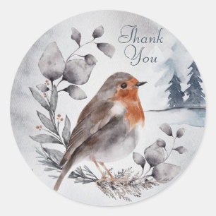 Watercolor Winter American Robin Tack Runt Klistermärke