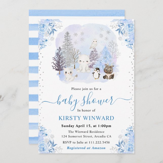 Watercolor Winter Arctic Animals Baby Shower Inbjudningar (Fram/baksida)