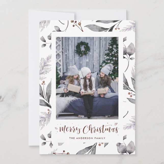 Watercolor Winter Berries Greenery julkort (Framsida)