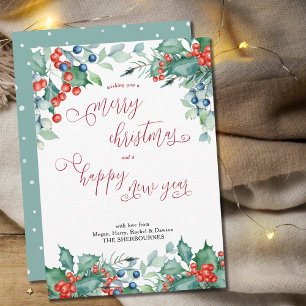 Watercolor Winter Berries Holly Calligraphy Julkort