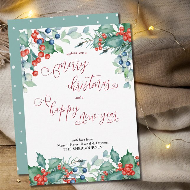 Watercolor Winter Berries Holly Calligraphy Julkort (Skapare uppladdad)