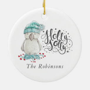 Watercolor Winter Bird Holly Jolly-julfoto Julgransprydnad Keramik