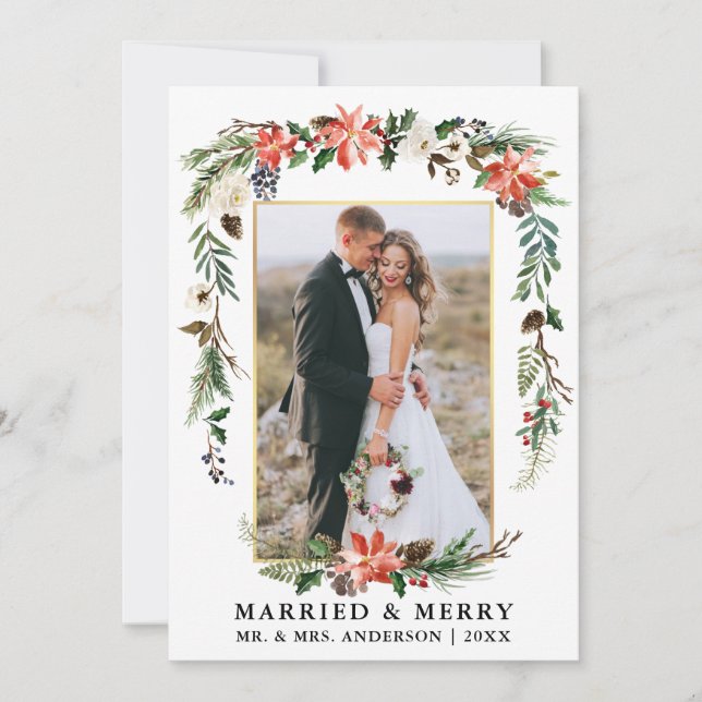 Watercolor Winter Blommigt Married Merry Guld Ram Julkort (Framsida)