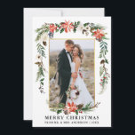Watercolor Winter Blommigt Newlyed Guld Ram Julkort<br><div class="desc">Elegant Watercolor Winter Blommigt Newlyed Photo God jul Card omfattar vackra rödpoinsettider med vattenfärg,  botaniskt grönämne,  vintern bladverk,  hullbär,  vit ros,  bomull,  gräs och blåbär. Guld Ram.</div>