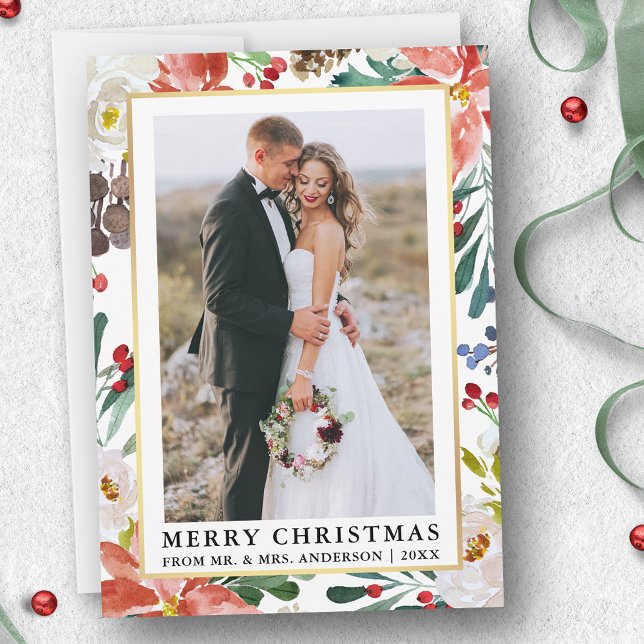 Watercolor Winter Blommigt Newlyed jul Julkort (Customize to add text to back of card.)