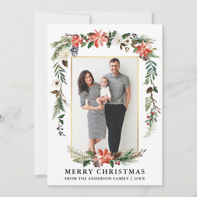 Watercolor Winter Blommigt Photo Guld Ram Julkort (Framsida)