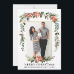 Watercolor Winter Blommigt Photo Guld Ram Julkort<br><div class="desc">Elegant Watercolor Winter Blommigt Photo God jul Card omfattar vackra rödpoinsettider med vattenfärg,  botaniska grönområden,  vinter-blad,  hullbär,  vit ros,  bomull,  gräs och blåbär. Guld Ram.</div>