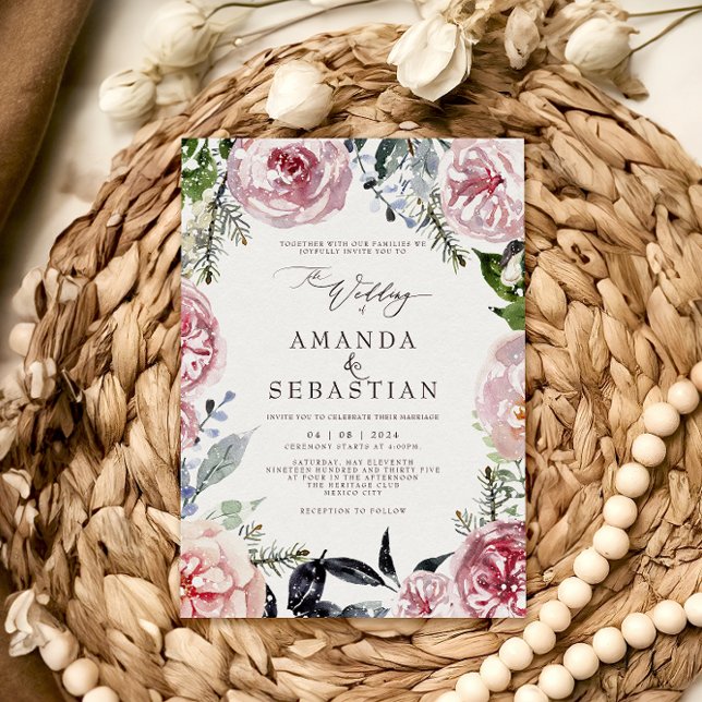Watercolor Winter Blommigt Rosa Ram Bröllopsfest Inbjudningar (Skapare uppladdad)