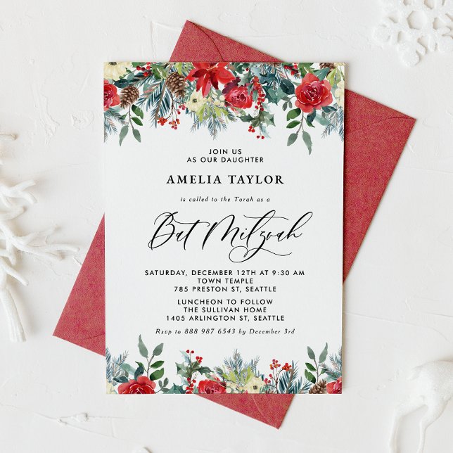 Watercolor Winter Blooms Blommigt Bat mitzvah Inbjudningar (Skapare uppladdad)