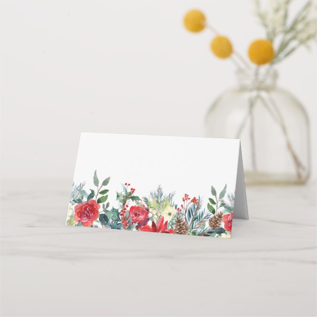 Watercolor Winter Blooms Garland Botanical Bröllop Placeringskort (Framsida)