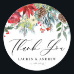 Watercolor Winter Blooms Garland Bröllop Tack Runt Klistermärke<br><div class="desc">Skicka tack till gäster och kunder med det här anpassadet tack vare klistermärken. Denna vinter-blommigt har märkrn ett vattenfärgsgarland med blommor från poinsettien,  ro,  pinekoner,  vinbär och grönska. Anpassa den genom att lägga till din händelseinformation. De här märkrna är perfekter för vinterbröllop,  babyduschar,  möhippor,  födelsedagar med mera.</div>