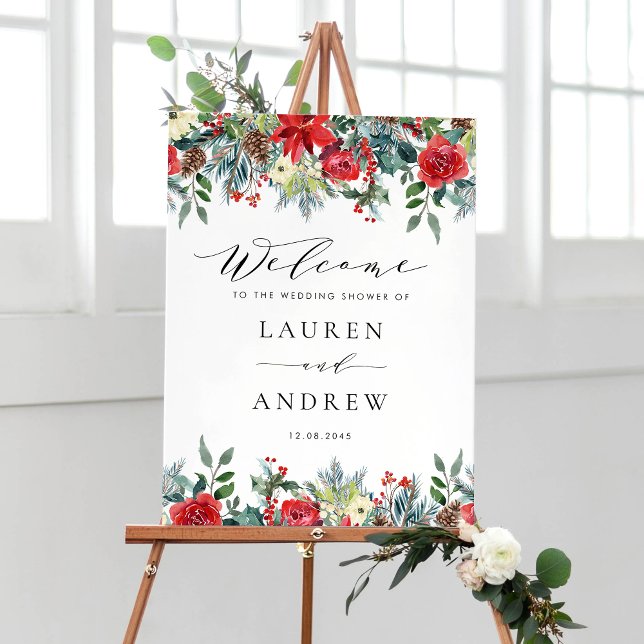 Watercolor Winter Blooms Garlands Möhippa Poster (Customizable wedding shower welcome sign featuring watercolor winter flowers and greenery.)