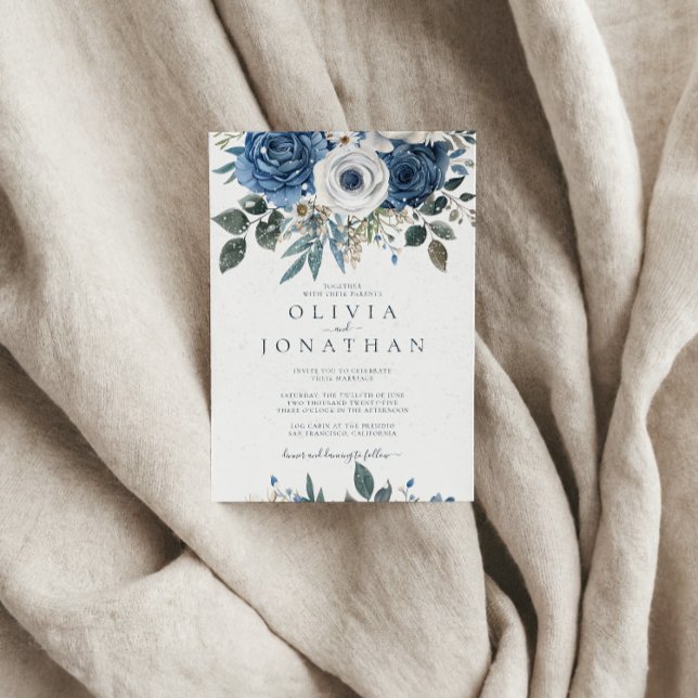 Watercolor Winter Blue Blommigt Bouquet Bröllop Inbjudningar (Skapare uppladdad)