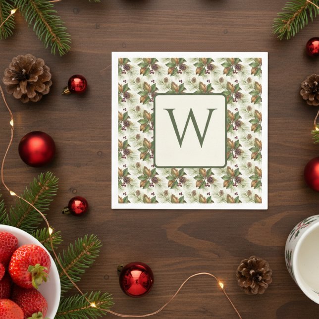 Watercolor Winter Botanical Pattern Pappersservett (Holiday monogram napkin
)