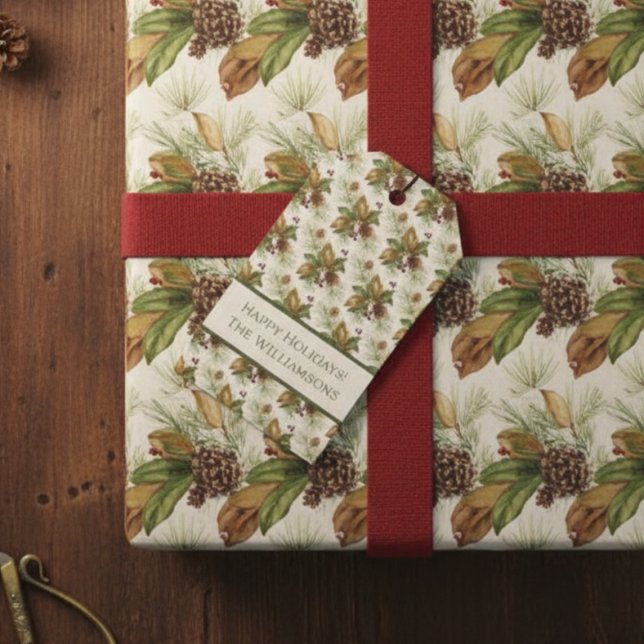 Watercolor Winter Botanical Pattern Presentetikett (Personalized Christmas gift tag
)