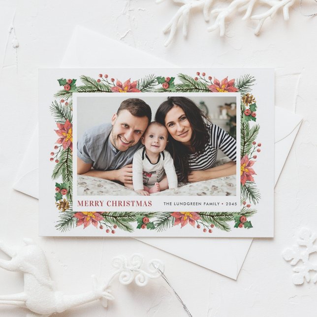 Watercolor Winter Botanicals God jul Photo Helg Vykort (Customizable Photo Christmas Postcard Featuring Watercolor Pine Needles, Pine Cones and Poinsettia)
