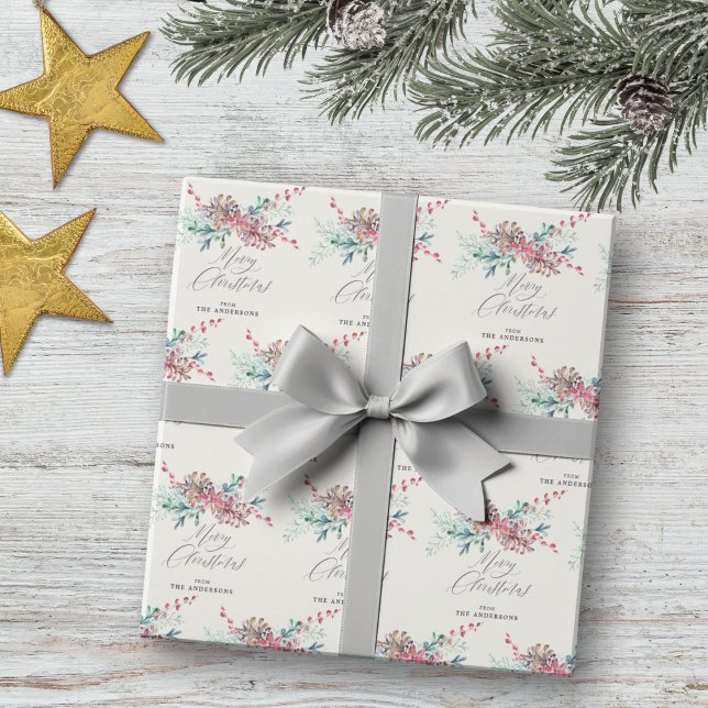 Watercolor Winter Botanicals God jul Presentpapper (Mockup View)
