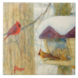 Watercolor Winter Cardinals Kakelplatta