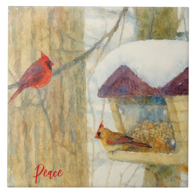 Watercolor Winter Cardinals Kakelplatta (Framsidan)