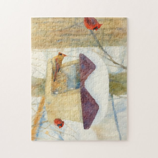 Watercolor Winter Cardinals on a Feeder Pussel (Vertikal)