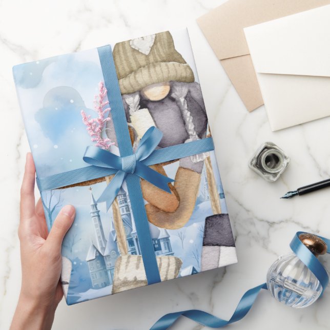 Watercolor Winter Dam Gnome God jul Presentpapper (Gifting)