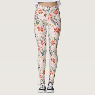 Watercolor Winter Flowers Holly Berries Patterned Leggings