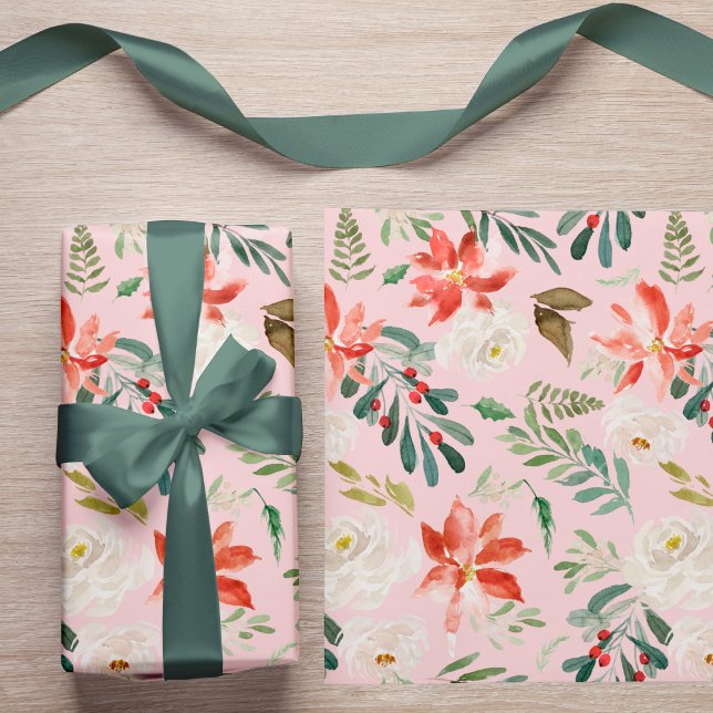 Watercolor Winter Flowers Holly Berries Patterned Presentpapper (The ribbon can be purchased separately - please see the collection)