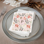 Watercolor Winter Flowers Holly Berry Monogrammed Pappersservett<br><div class="desc">Röda terracotta med stora poinsettiska blommor och vit ros med vintern säsong-jägare,  grönt och grov löv med röda bär över en  rosa-bakgrund skapar en elegant trendig modern säsong papper   blöjor från jul.</div>