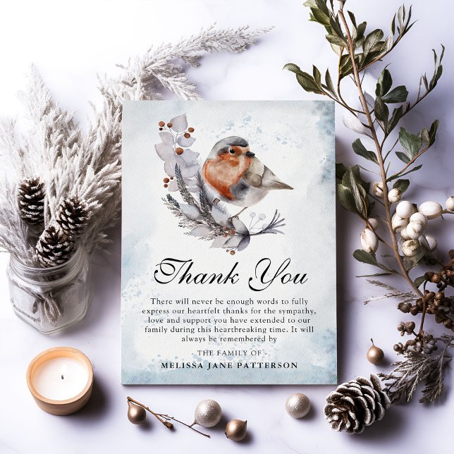 Watercolor Winter Foliage & Robin Funeral Tack Kort (Skapare uppladdad)