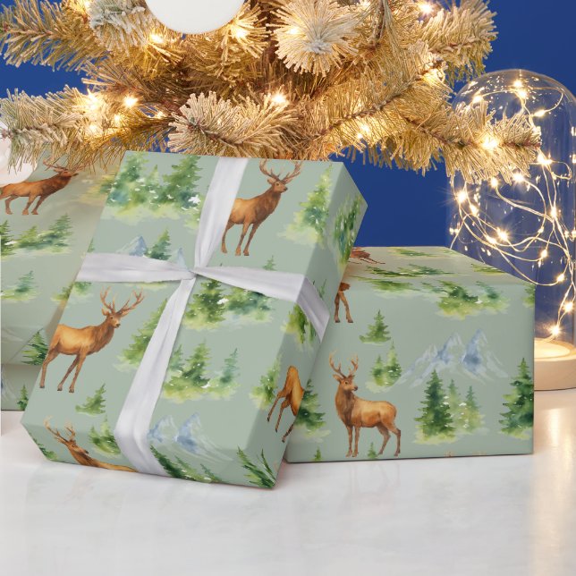 Watercolor Winter Forest - Deer and Snowy Trees -  Presentpapper (Helgdagar)