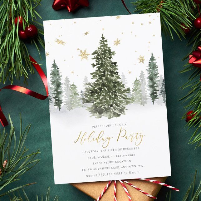 Watercolor Winter Forest Julfest Guld Inbjudningar (Skapare uppladdad)