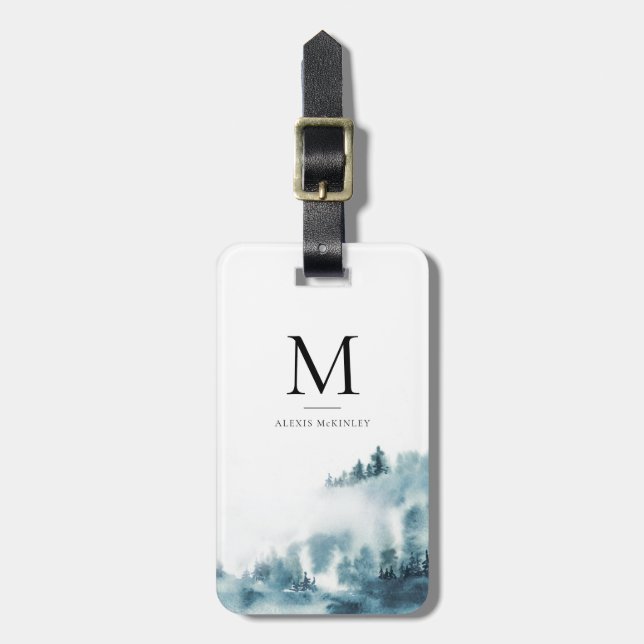 Watercolor Winter Forest Monogram Bagagebricka (Vertikal Framsida)